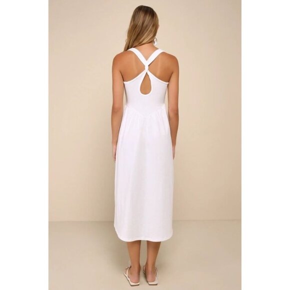 Lulus Summer Beauty White Ribbed Twist-Back Midi Dress – Size Medium - Picture 2 of 6